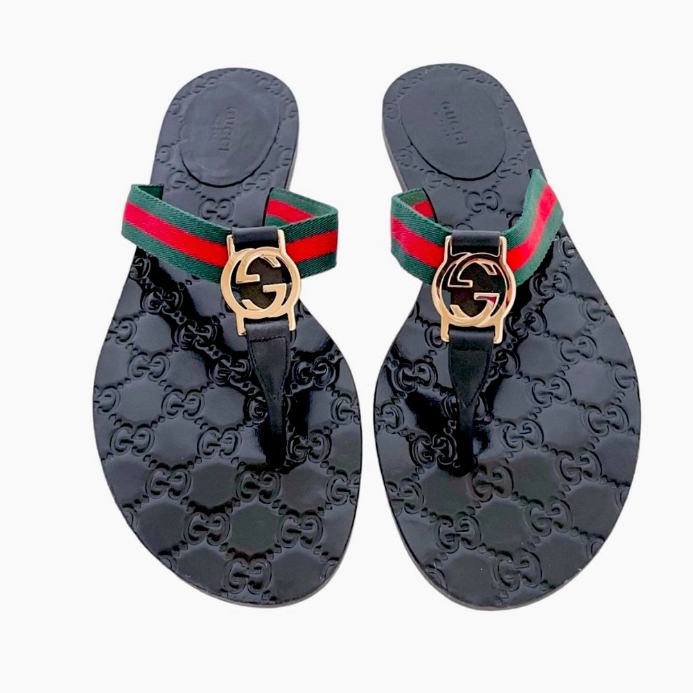 100% Authentic GG Interlocking Black Thong Flip Flop